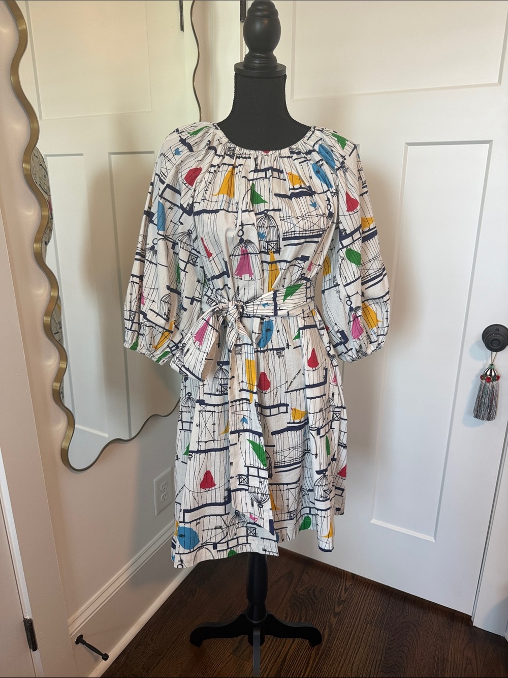 Frances Valentine White Multicolor Birdcage Print Tie-Waist Dress